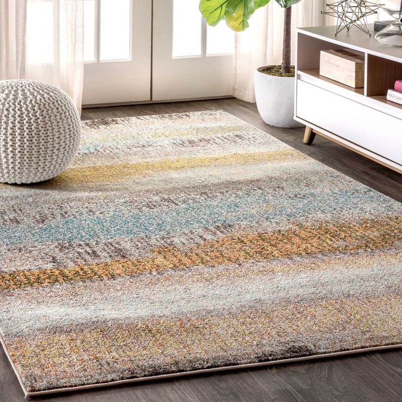 Blue and Beige Abstract Synthetic Area Rug