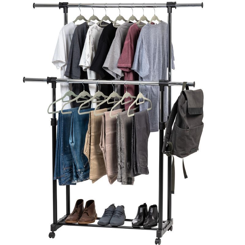 Adjustable Black Metal Double Rod Clothes Rack with Wheels