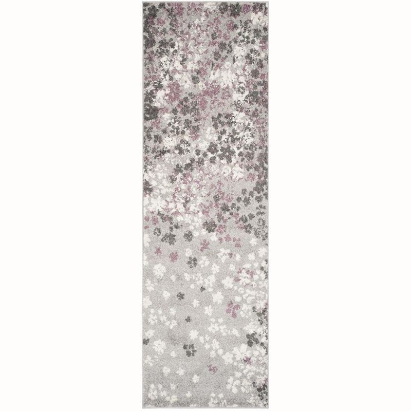 Light Grey and Purple Floral Synthetic Runner Rug