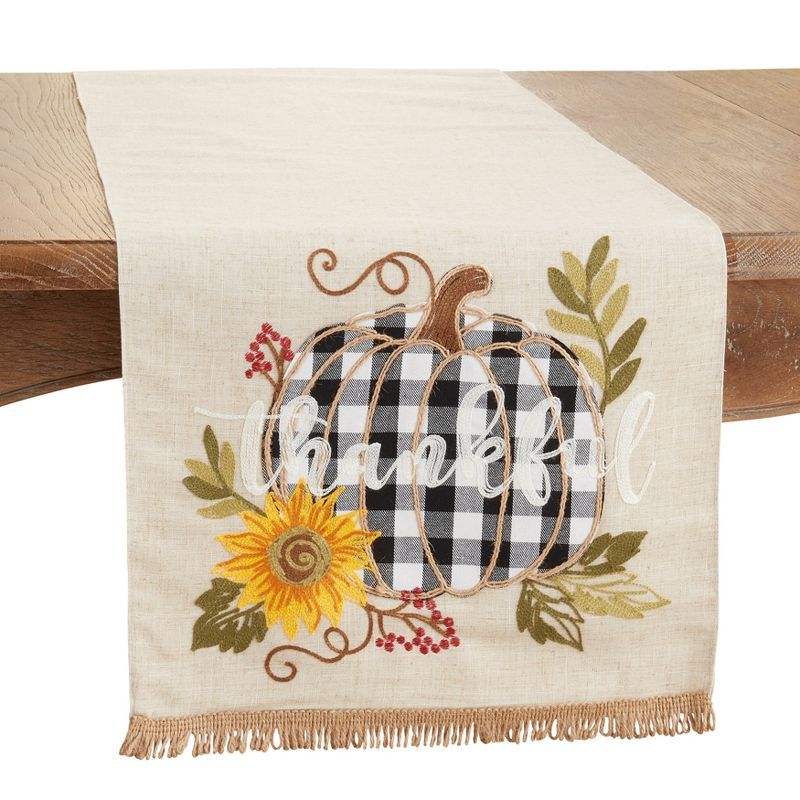 Beige Plaid Pumpkin Embroidered Thanksgiving Table Runner