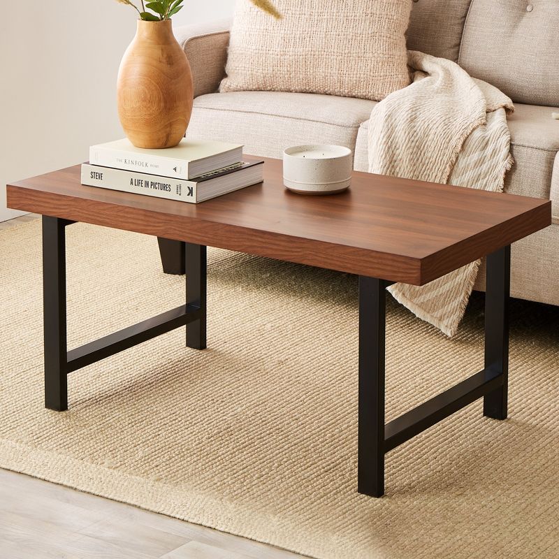 Brown Rectangular Wood and Metal Coffee Table with Butcher Block Top