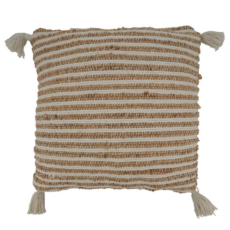 Beige and White Striped Cotton Tassel Throw Pillow