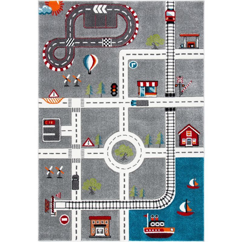 Grey and Ivory Kids Play Area Rug with Road Map Design