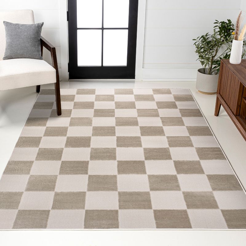 Beige and Cream Geometric Checkerboard 3 x 5 Area Rug