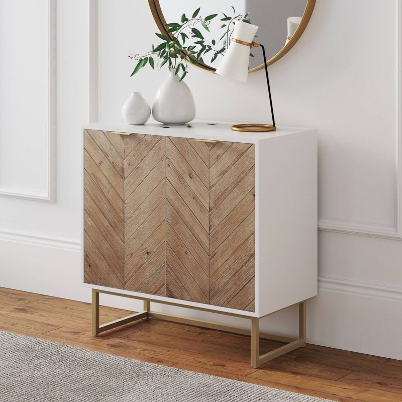 Enloe Modern Rustic Storage Cabinet with Herringbone Wood Doors and Gold Base