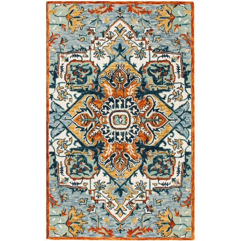 Bohemian Blue Floral Hand-Tufted Wool Rectangular Rug