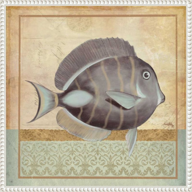 Vintage Fish II Coastal Canvas Wall Art with White Beaded Frame