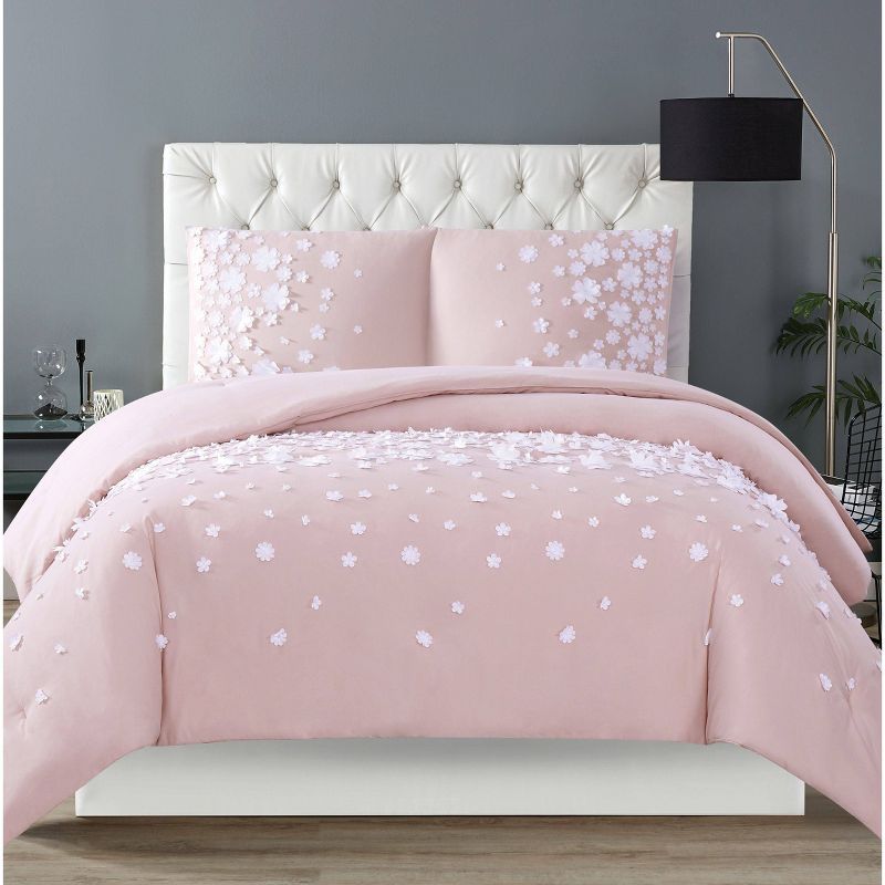 Blush Full Microfiber Comforter Set with Floral Appliques