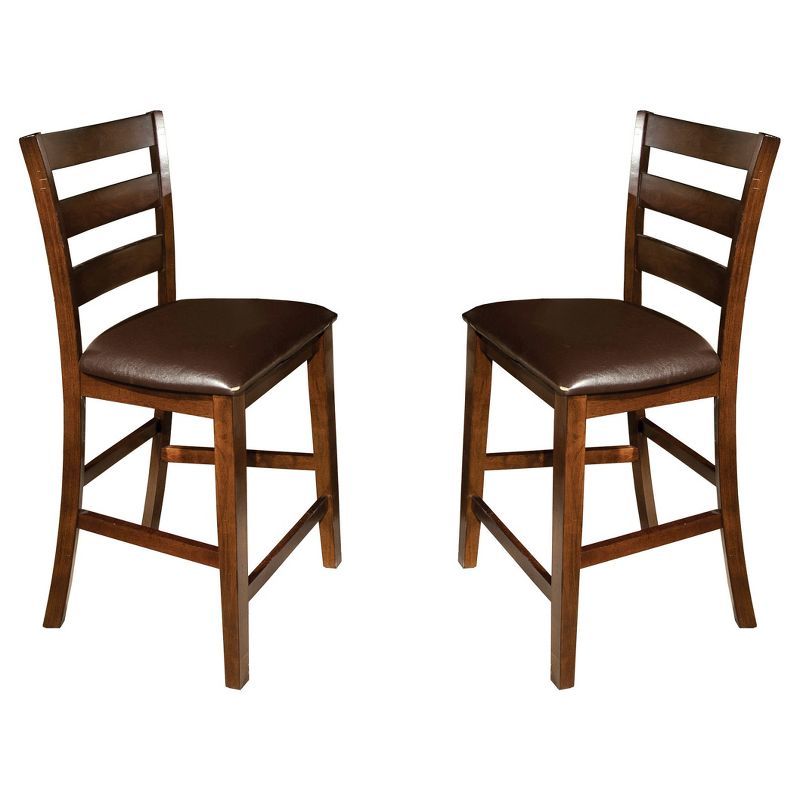 Set of 2 Brown Wood and Leather Ladder Back Bar Stools