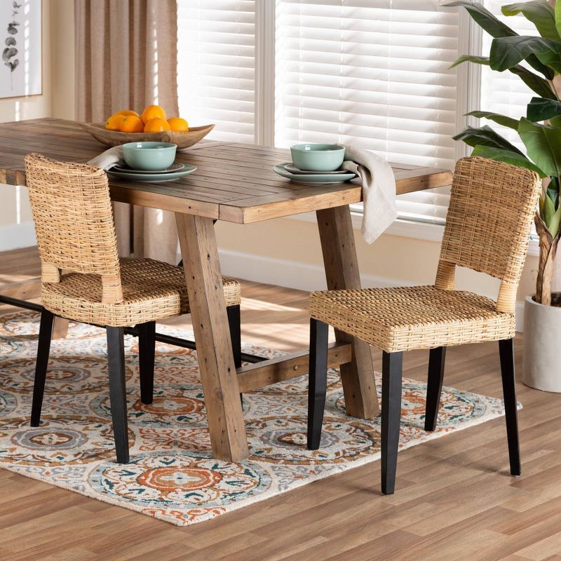 Dermot Dark Brown Wood and Natural Rattan Dining Chair Set