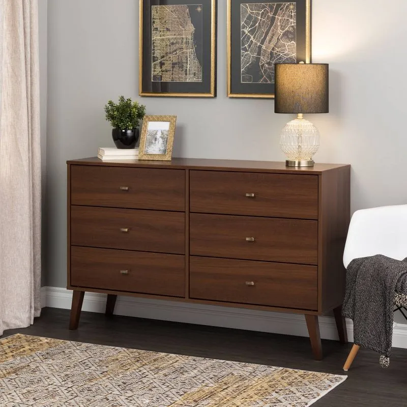 Mid-Century Modern Gray 6-Drawer Horizontal Dresser with Deep Storage