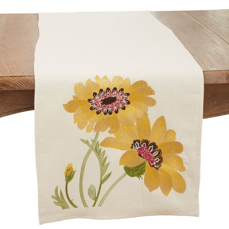 Yellow Floral Embroidered Cotton Linen Table Runner