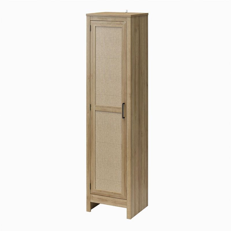 Natural Tall 1-Door Cabinet with Faux Rattan and Adjustable Shelving