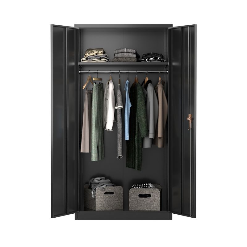 Black Metal Freestanding Wardrobe with Adjustable Shelves and Lockable Doors