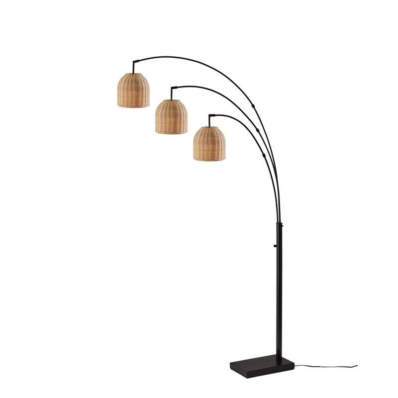 Bahama 82" Dark Bronze 3-Arm Arc Floor Lamp with Rattan Shades