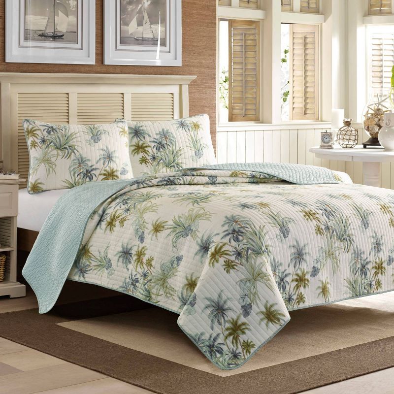 Standard Aqua Embroidered Cotton Sham Set with Tropical Design