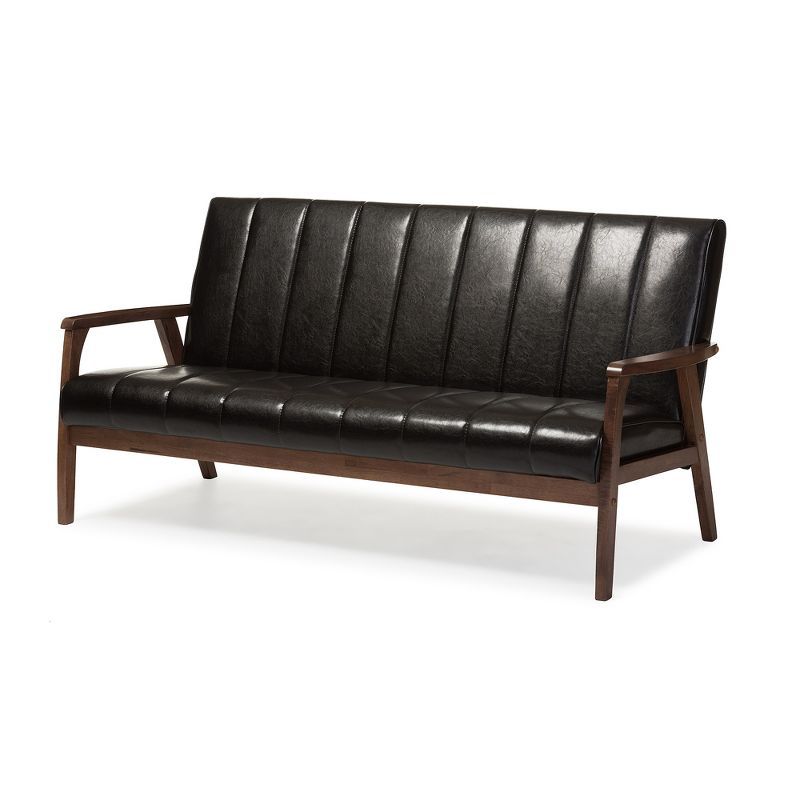 Nikko Dark Brown Faux Leather 3-Seater Sofa with Wooden Frame