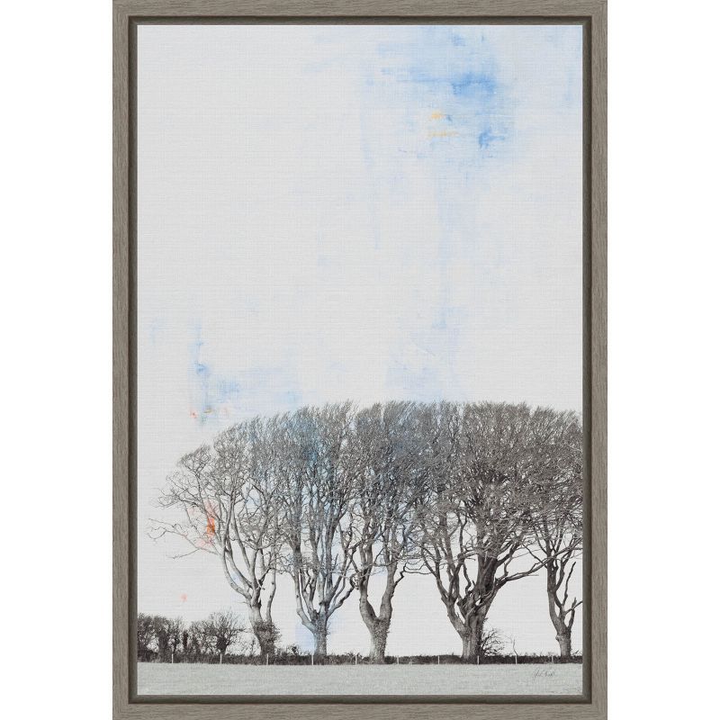 Serene Landscape Row of Trees Canvas Print in Gray Frame