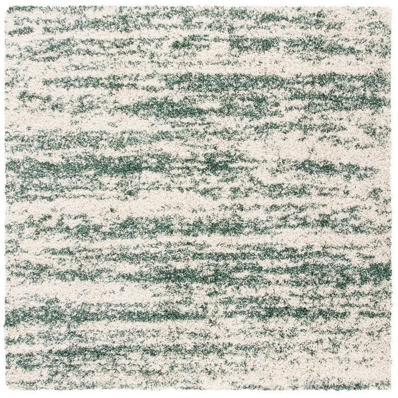 Ivory and Green Square Shag Synthetic Area Rug