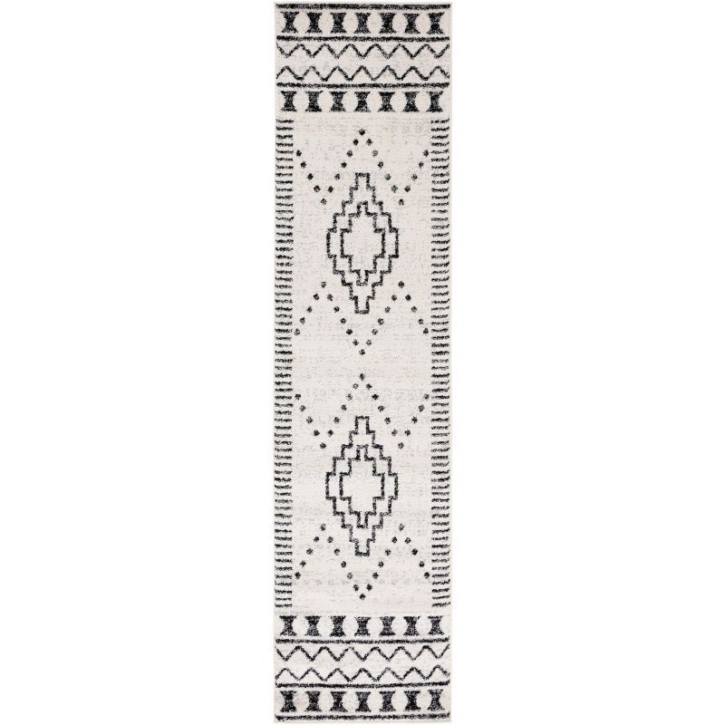 Boho-Chic Black and Ivory Geometric Runner Rug, 2'2" x 9', Hand-knotted Synthetic