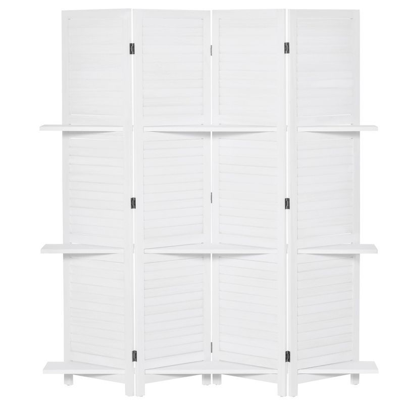 White Wood 4-Panel Folding Room Divider with Shelves