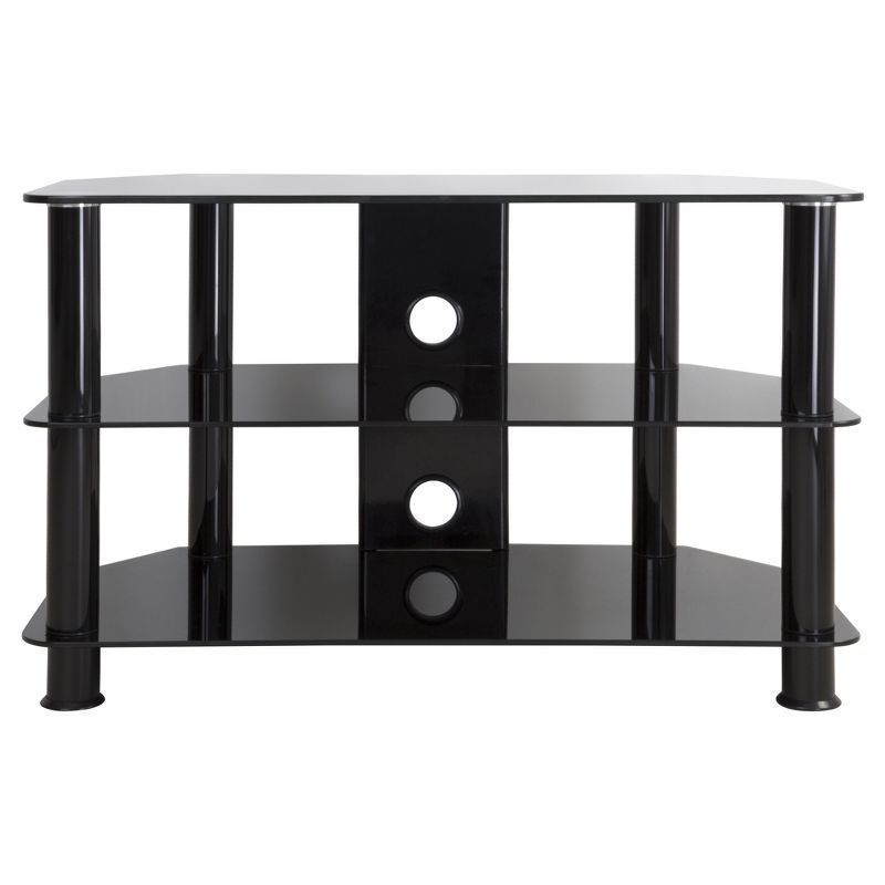 Sleek Black Stainless Steel and Tempered Glass Corner TV Stand