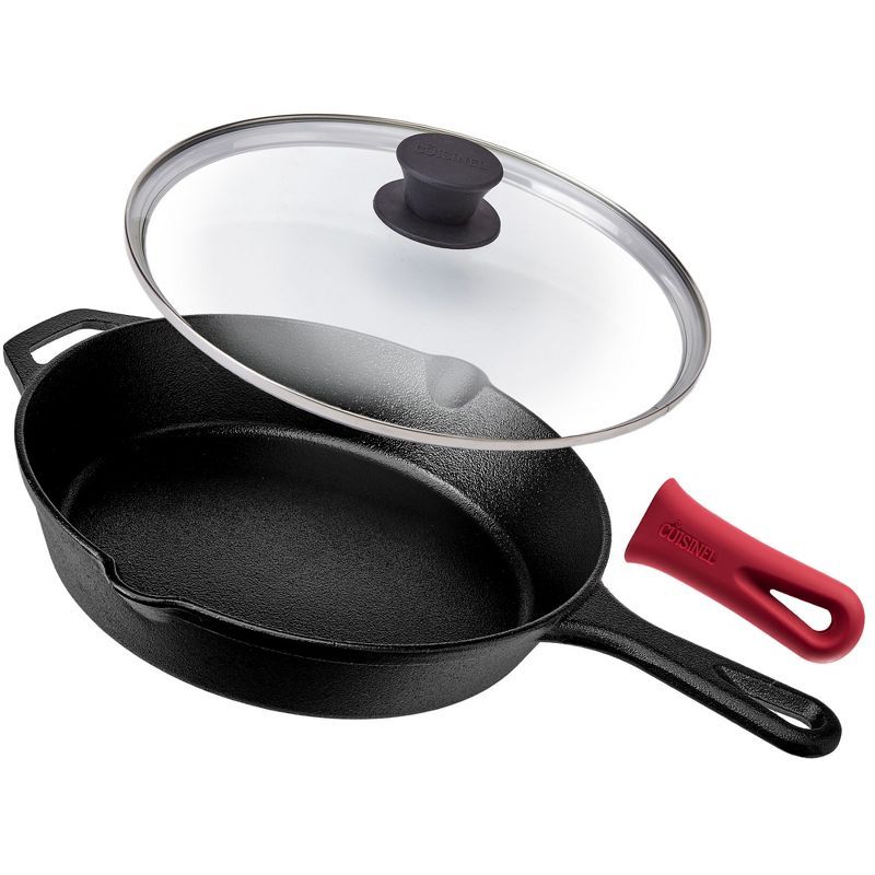 10-Inch Cast Iron Skillet with Glass Lid and Red Silicone Handle