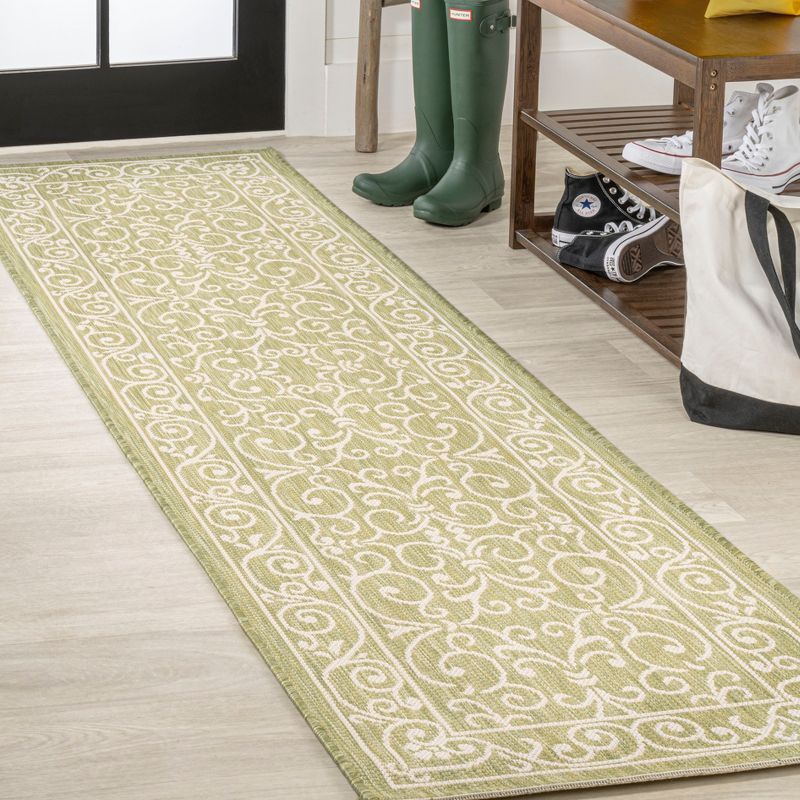 Green and Cream Synthetic Flat Woven Runner Rug