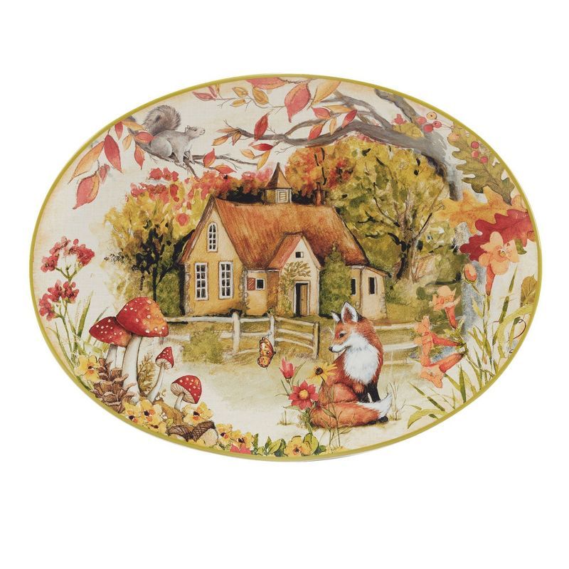 Woodland Critters Ceramic Oval Serving Platter with Cottage Scene