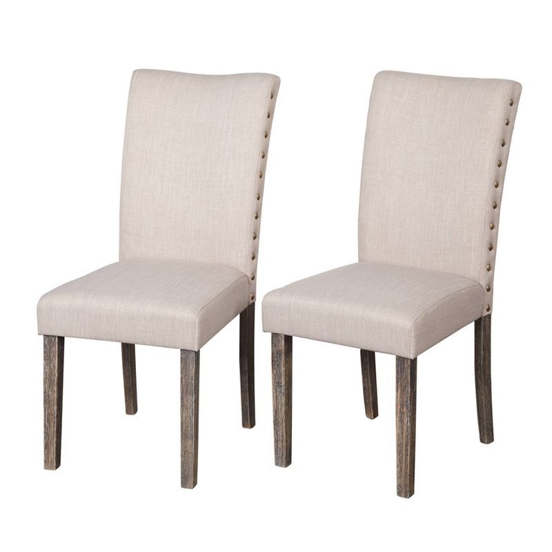 Set of 2 Light Gray Linen Upholstered Parsons Side Chairs with Weathered Wood Legs