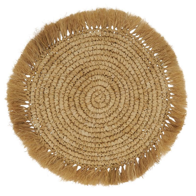 Natural Round Raffia Placemats with Fringed Edges, Set of 4