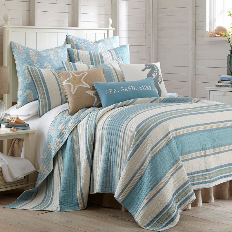 Blue and Taupe Cotton Twin Reversible Quilt Set