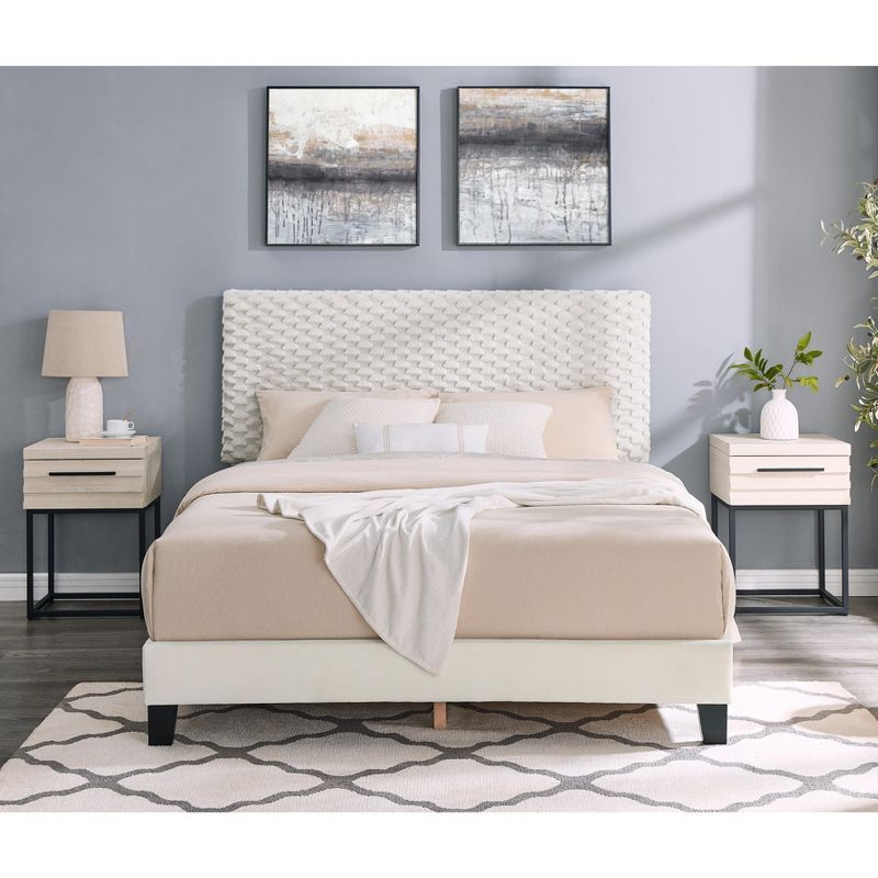 Full White Dove Upholstered Bed with Two Nightstands