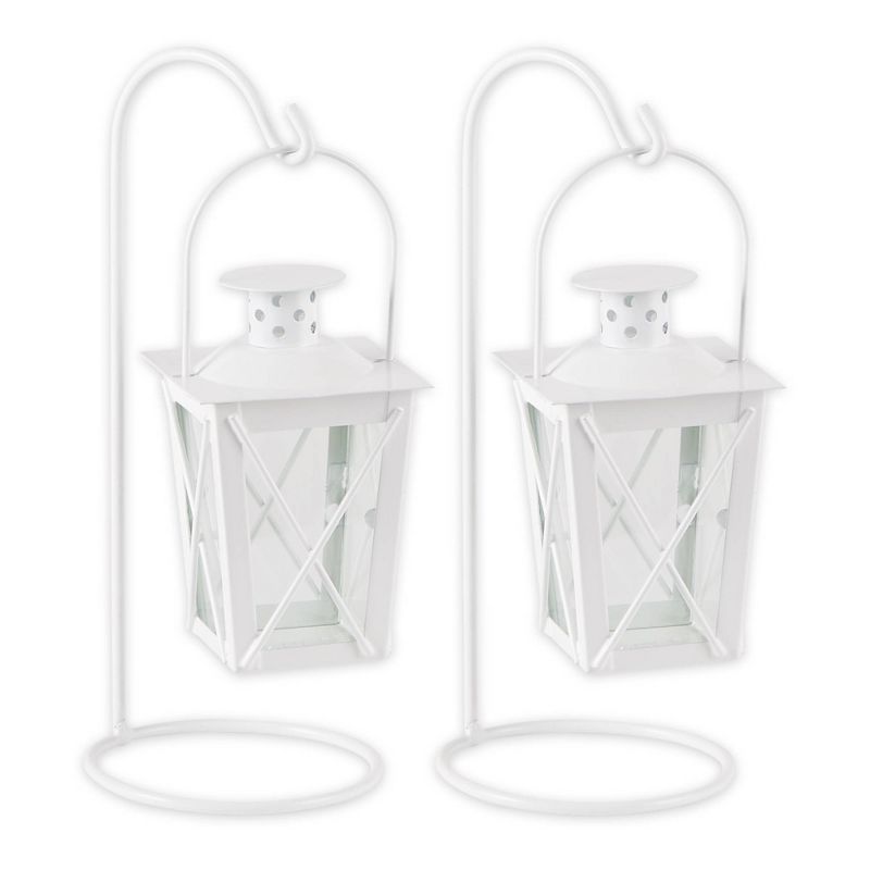 White Iron and Glass Hanging Candle Lantern Set