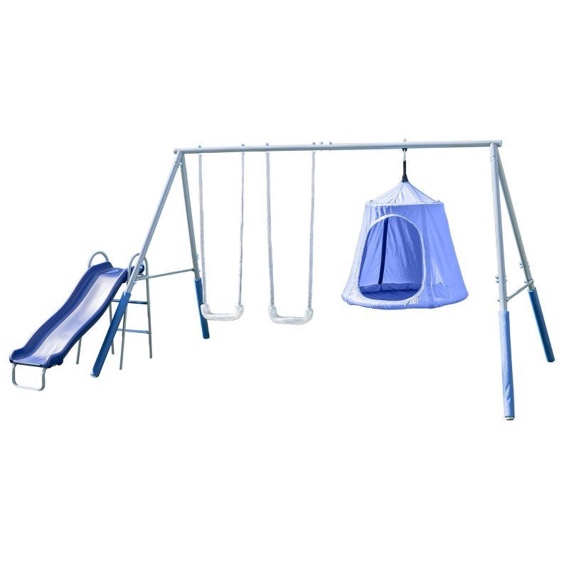 Blue Metal Swing Set with LED Swings and Wave Slide