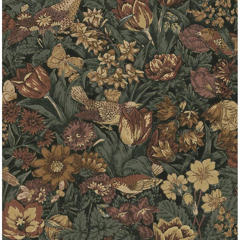 Mahogany and Graphite Bird Floral Peel and Stick Wallpaper