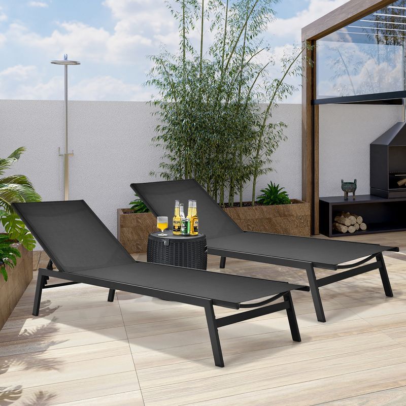 Black Steel Frame Outdoor Adjustable Chaise Lounge Set