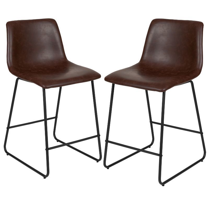 Set of 2 Dark Brown Leather Counter Height Stools with Metal Legs