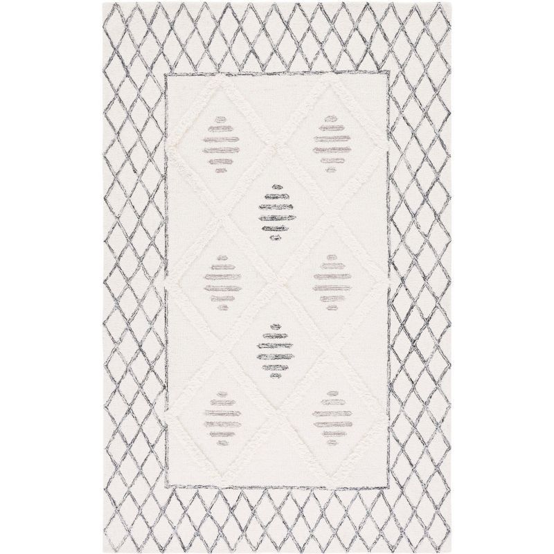 Ivory and Black Hand-Tufted Wool Shag Area Rug 4' x 6'