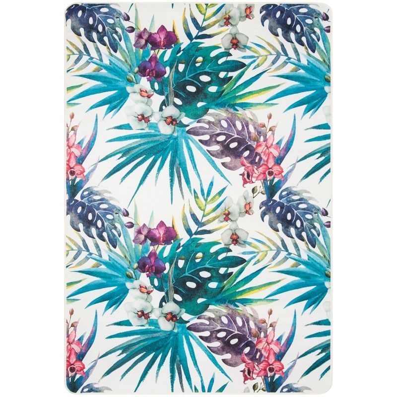 Ivory and Green Tropical Floral Synthetic Area Rug, 5' x 7'