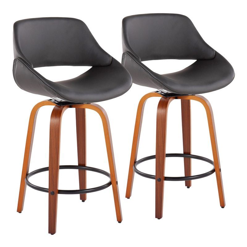 Set of 2 Flared Walnut & Metal Swivel Counter Stools in Black/Grey