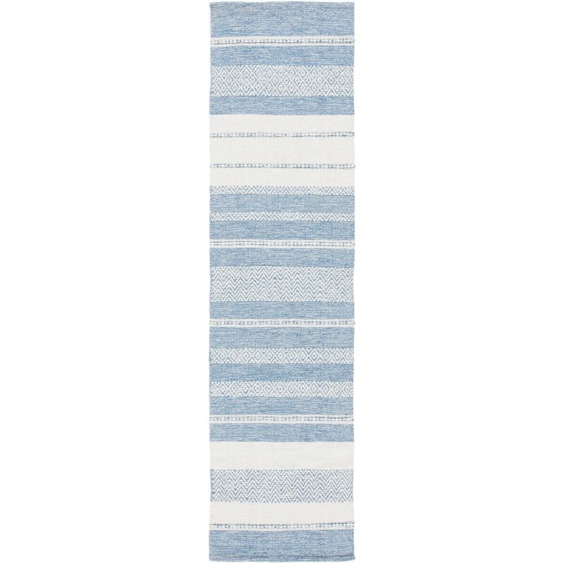 Ivory and Blue Handwoven Kilim Stripe Wool-Cotton Rug - 27in x 9in