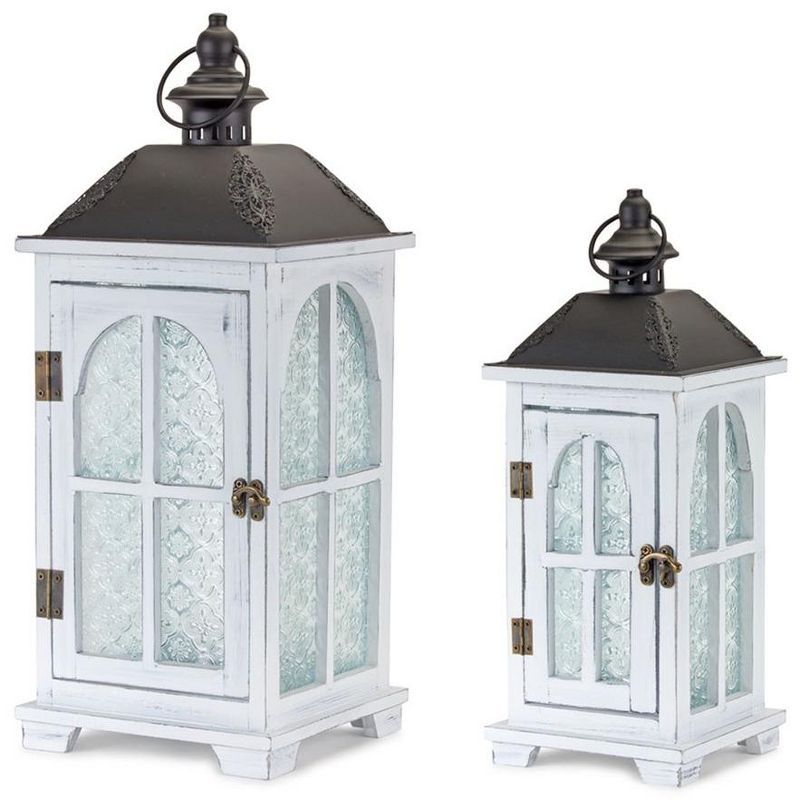 White Wood and Metal Frosted Glass Lantern Set