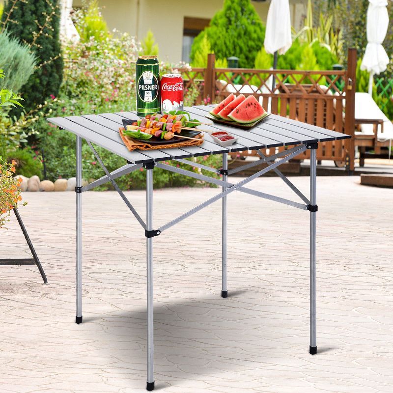 Portable Silver Aluminum Roll-Up Camping Table with Carry Bag