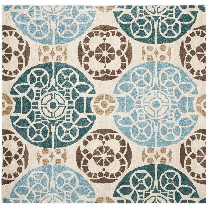 Hand-Tufted Beige and Blue Wool Square Area Rug