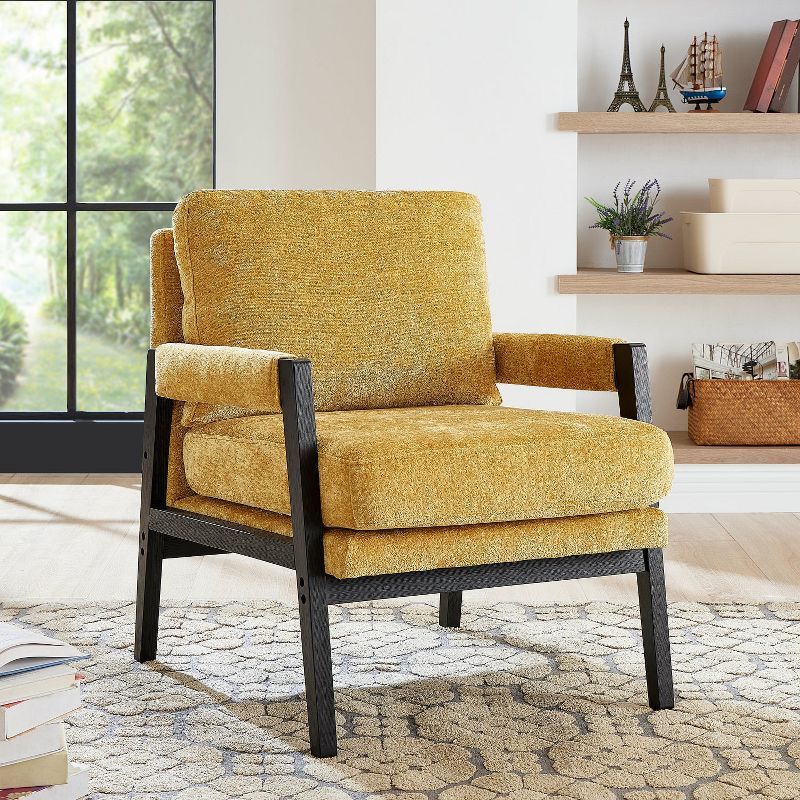 Yellow Velvet Barrel Accent Chair with Black Acacia Wood Frame