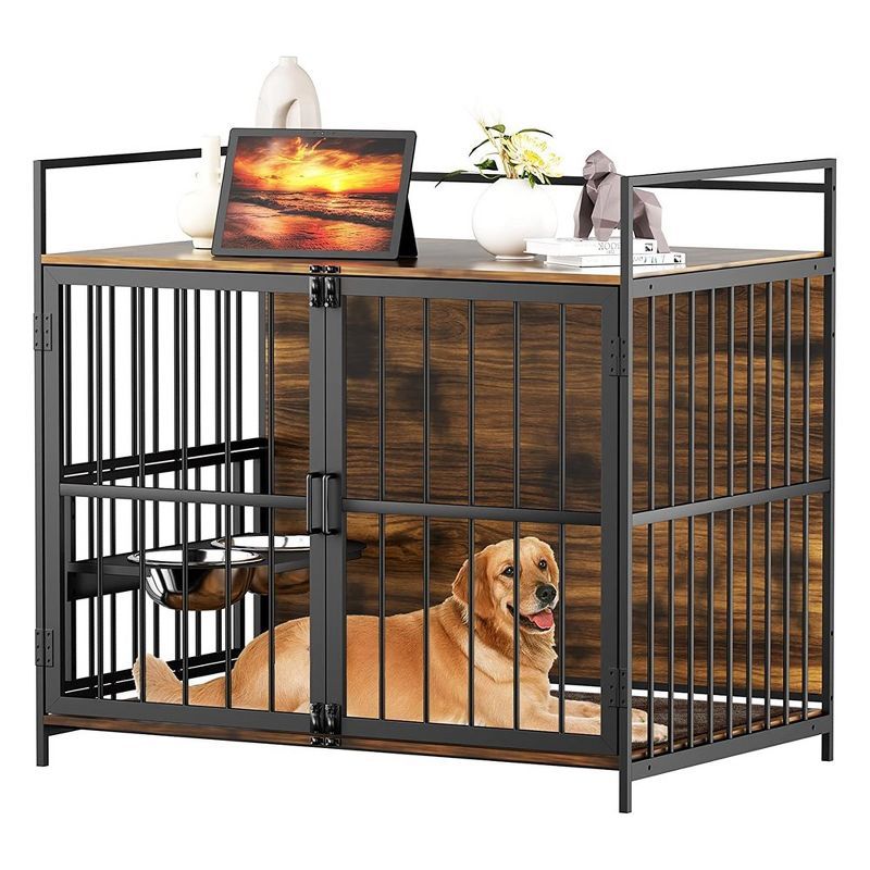 Large Brown and Black Steel Dog Crate with Feeder