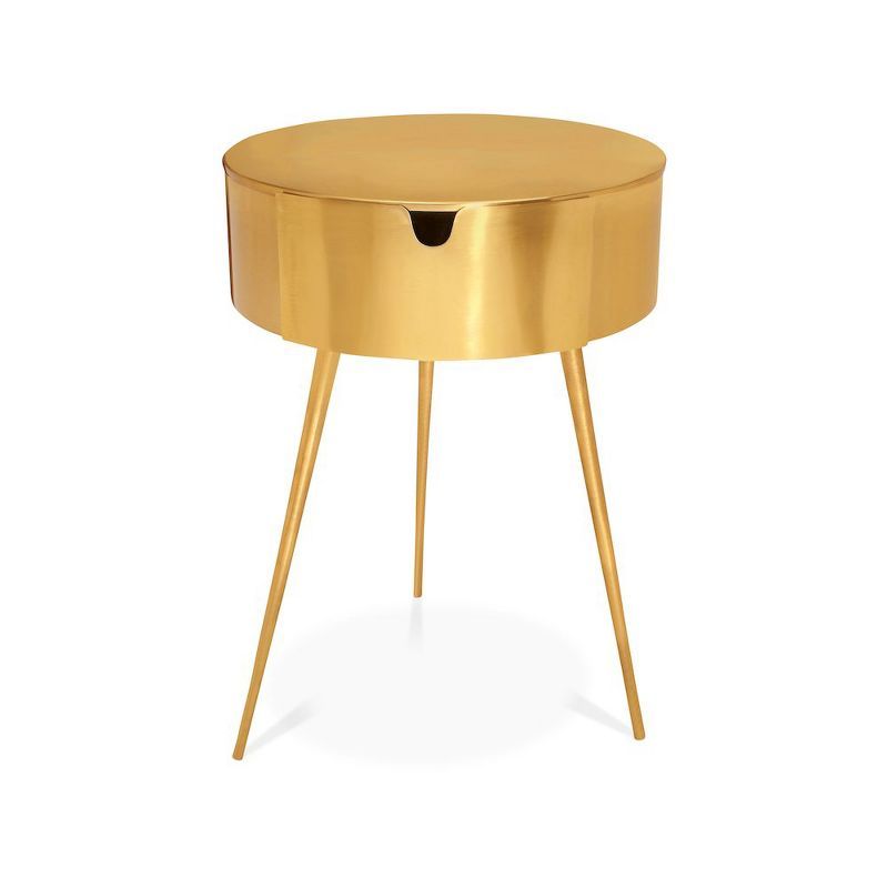 Gold Brushed Metal Round Nightstand with Drawer