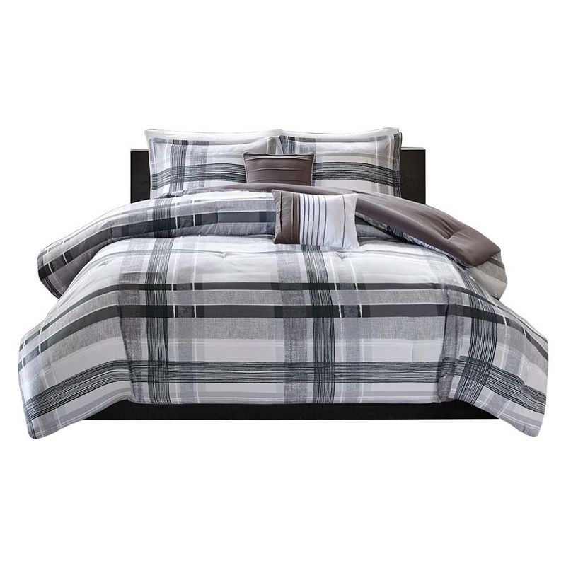 Full Gray Microfiber Reversible Plaid Comforter Set