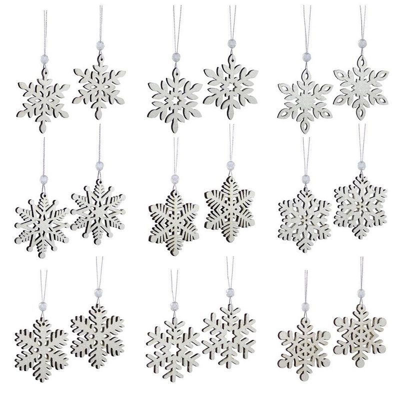 Set of 18 White Wooden Snowflake Ornaments